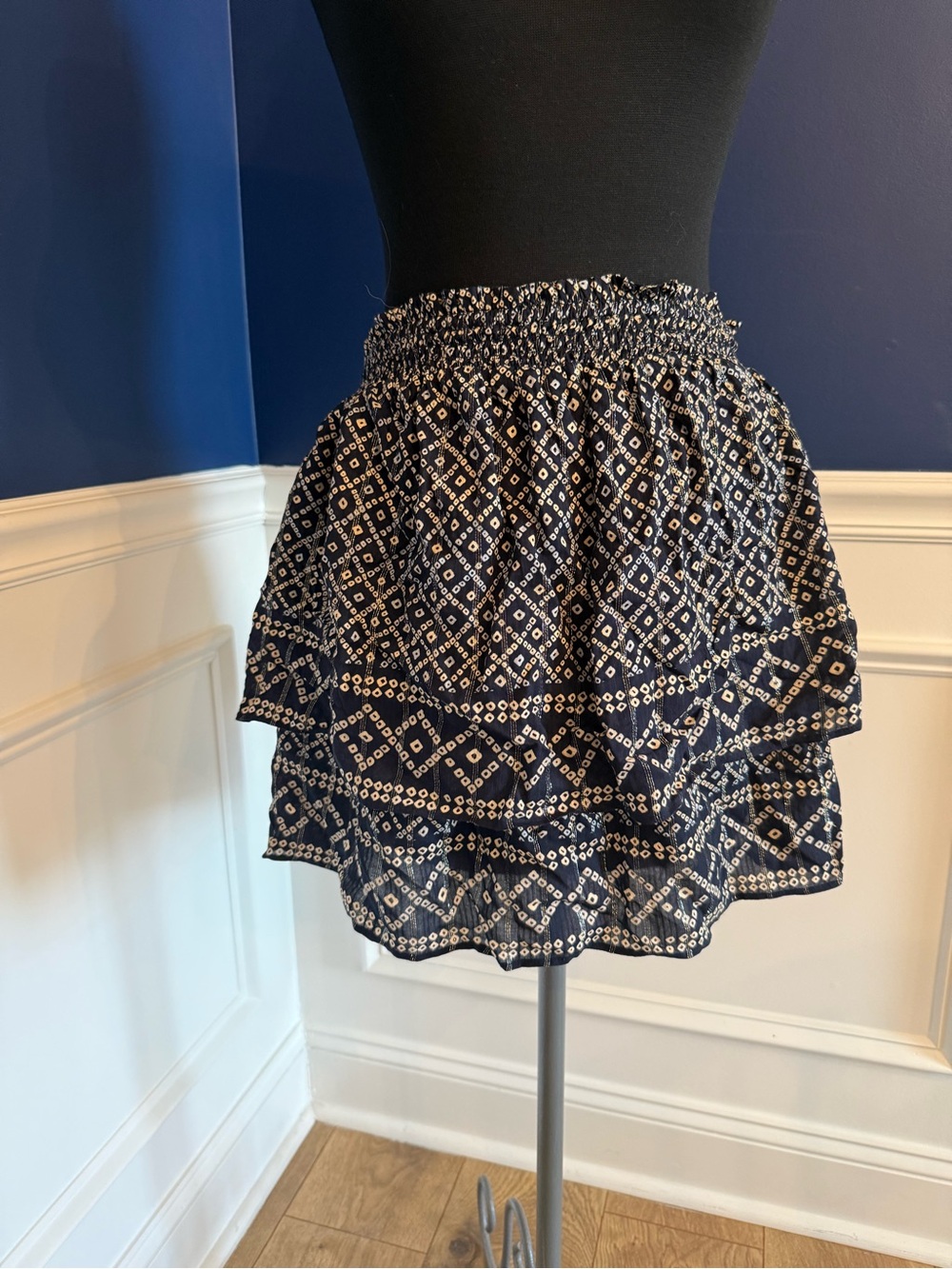LOFT Navy and Silver Shimmer Tiered Smocked-Waist Midi Skirt